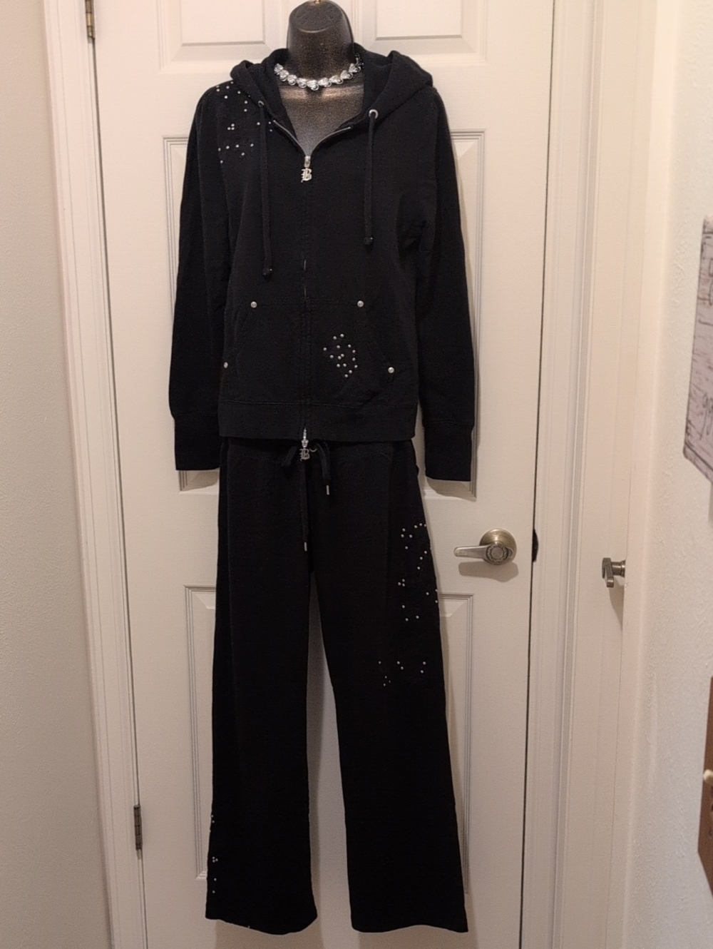 BCBGMaxAzria Black Embellished Wide-Leg Sweatpants & Hoodie Set